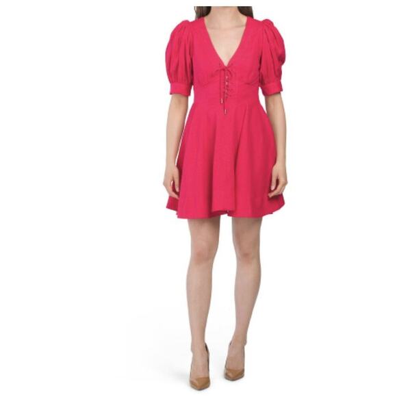 House of Harlow 1960 Mini Dress Size 0 Linen Blend Puff Sleeve Color Fuchsia - Picture 2 of 3